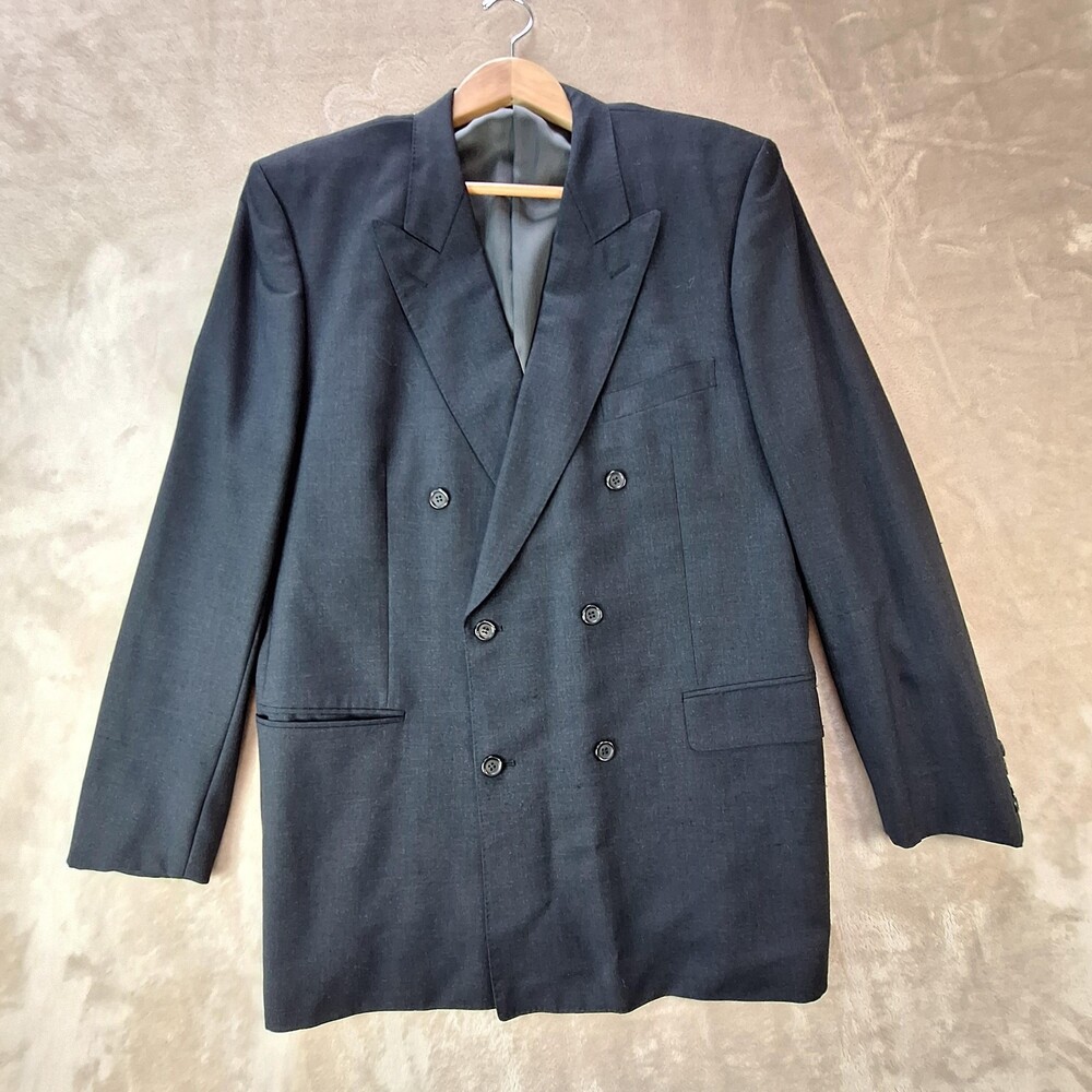 Gieves & Hawkes Suit Jacket Mens 44R Gray Double Breasted Double Vent Peak Lapel